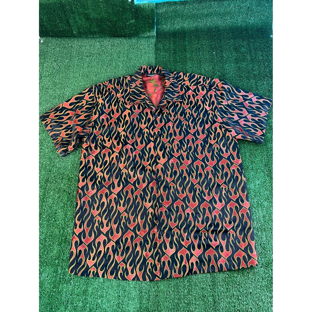 ODO Supreme Mens XL Flame Print Button Down Shirt Black Red Fire Y2K Streetwear